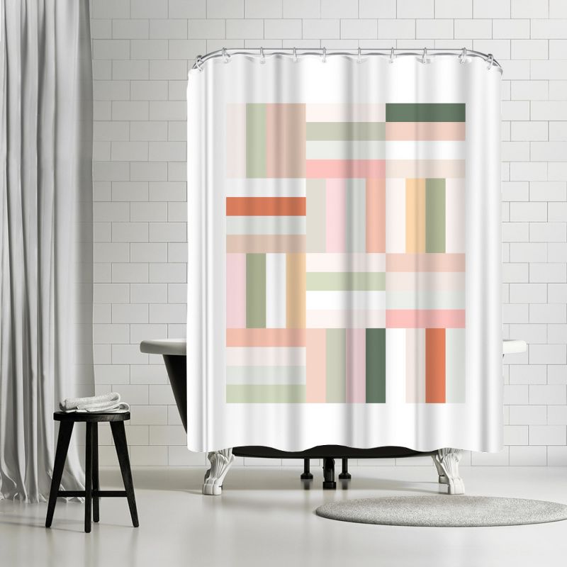 Americanflat 71x74 Shower Curtain Pink Green Terracotta Geometric 1 by The Print Republic, 1 of 6