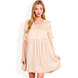 Anna-Kaci Women's V-Neck Short Sleeve Babydoll Dress with Flowing Silhouette for Casual Looks - 1 of 4