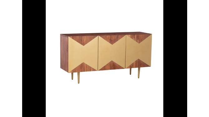 58&#34; Verdeen Mid Century Modern Console Solid Wood Gold Geo Front 3 Doors Brown/Gold - Powell, 2 of 15, play video