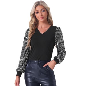 Allegra K Women's Sequin Long Sleeve V Neck Ribbed Cuff Party Sparkly Top - 1 of 4
