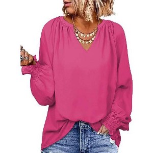 Zeagoo Casual Tops for Women 2023 Puff Long Sleeve Pleated V Neck Tunic Loose Fit Ladies Work Blouse - 1 of 4