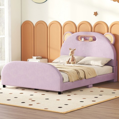 Full Size Velvet Upholstered Platform Bed With Bear-shaped Headboard ...