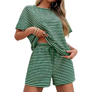 Imily Bela Women's striped pajama set, casual 2-piece set, short-sleeve loose T-shirt with drawstring shorts set - 1 of 4