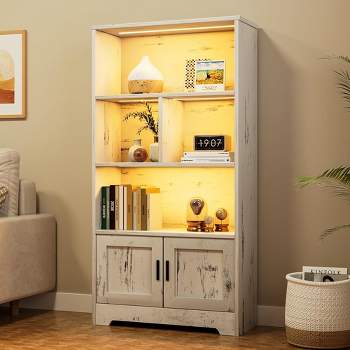 Whizmax Wood Bookcase with Doors White Bookshelf with LED Lights 3 Shelf Standing Bookshelves for Bedroom, Living Room, Home Office