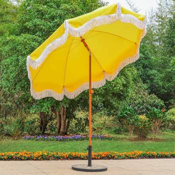 Captiva Designs 7ft Fringed Elegant Valance Crank Tilt with Solar Lit LED Patio Market Umbrella