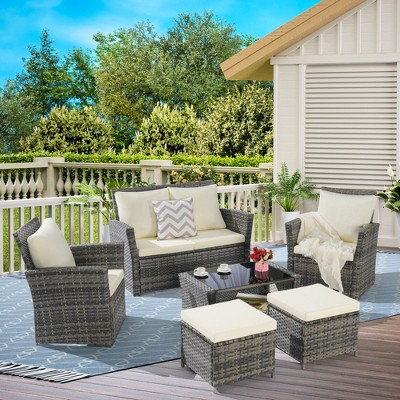 6 Piece Wicker Patio Furniture Sets with Ottoman and Tempered Glass Coffee Table