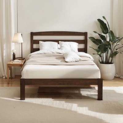 Subrtex Solid Wood Platform Bed with Headboard, Bed Frame with Wood Slat Support, Walnut