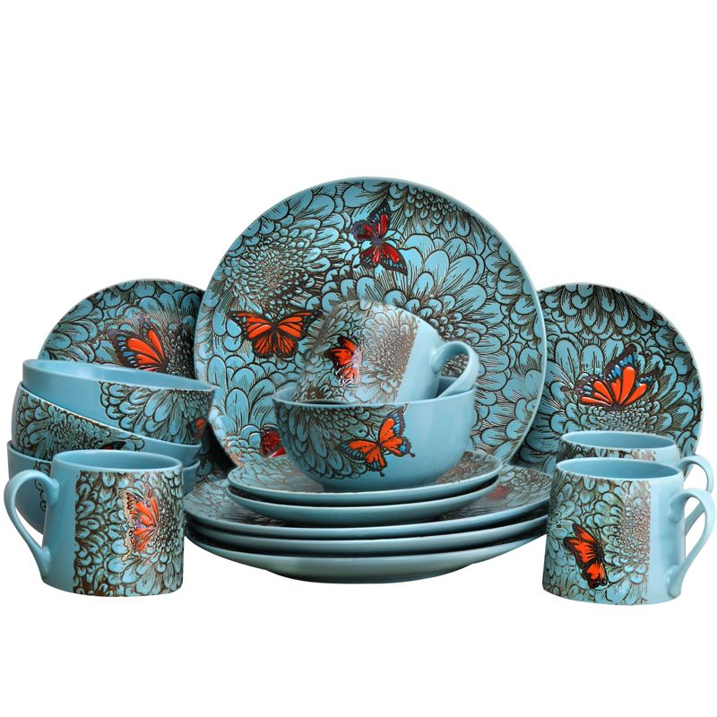Elama Mariposa Paradise 16 Piece Stoneware Dinnerware Set in Blue and Orange, 5 of 7