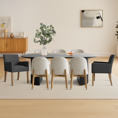 9-Piece Oval Dining Table Set, 79'' Black Pedestal Table with 6 Armless & 2 Armrest Upholstered Chairs, Modern Dining Room Set-Maison Boucle