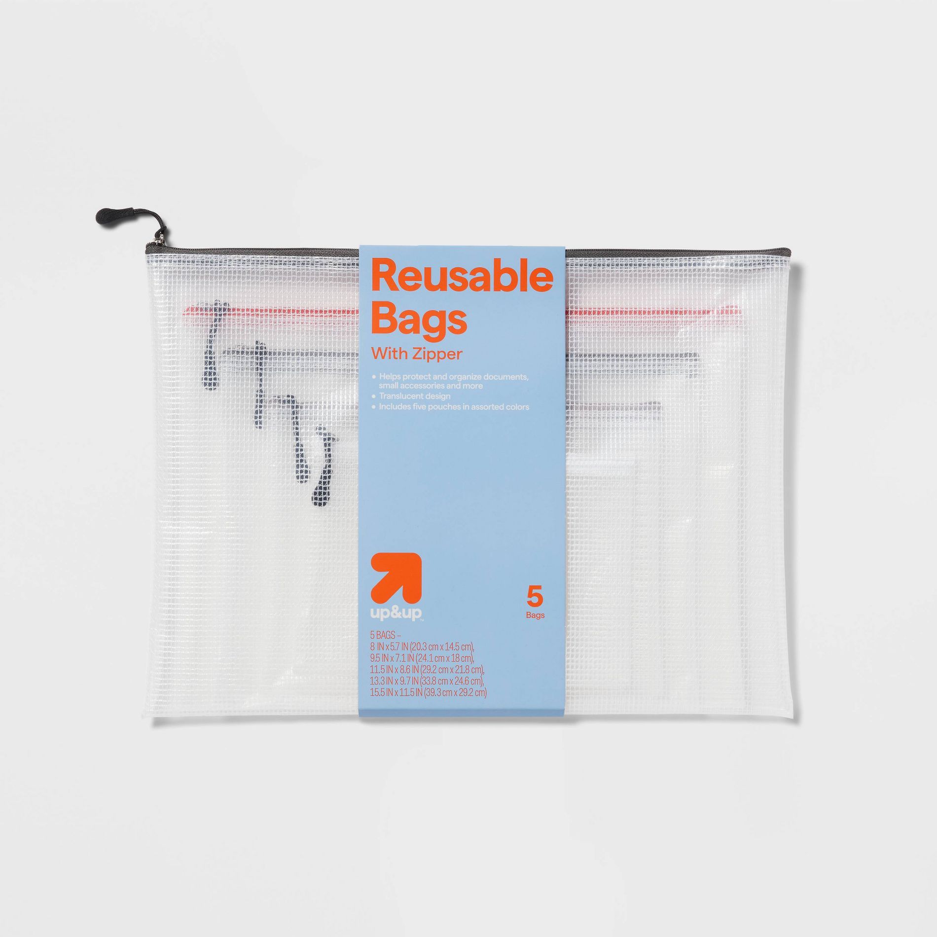 Set of 5 Zippered Pouch Organizers - up&up™: Clear Multicolored Storage Bags, Universal Packing Cubes, PEVA Material