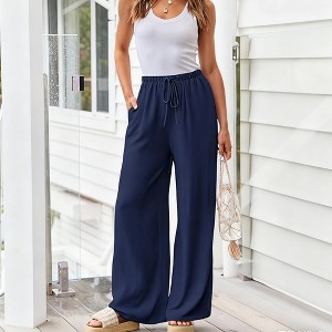 Women High Waisted Wide Leg Drawstring Long Pants Trousers - 1 of 4