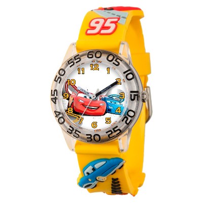 Boys' Disney Cars Clear Plastic Time Teacher with 3D Strap Watch- Yellow