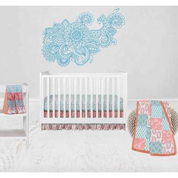 Bacati - Paisley Sophia Coral Aqua 4 pc Crib Bedding Set with Diaper Caddy
