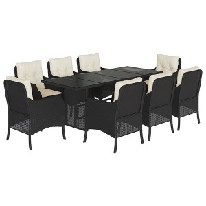 vidaXL 9 Piece Patio Dining Set - Black Poly Rattan with Cushions & Tempered Glass Table - Outdoor, Garden, Patio Furniture - 1 of 4