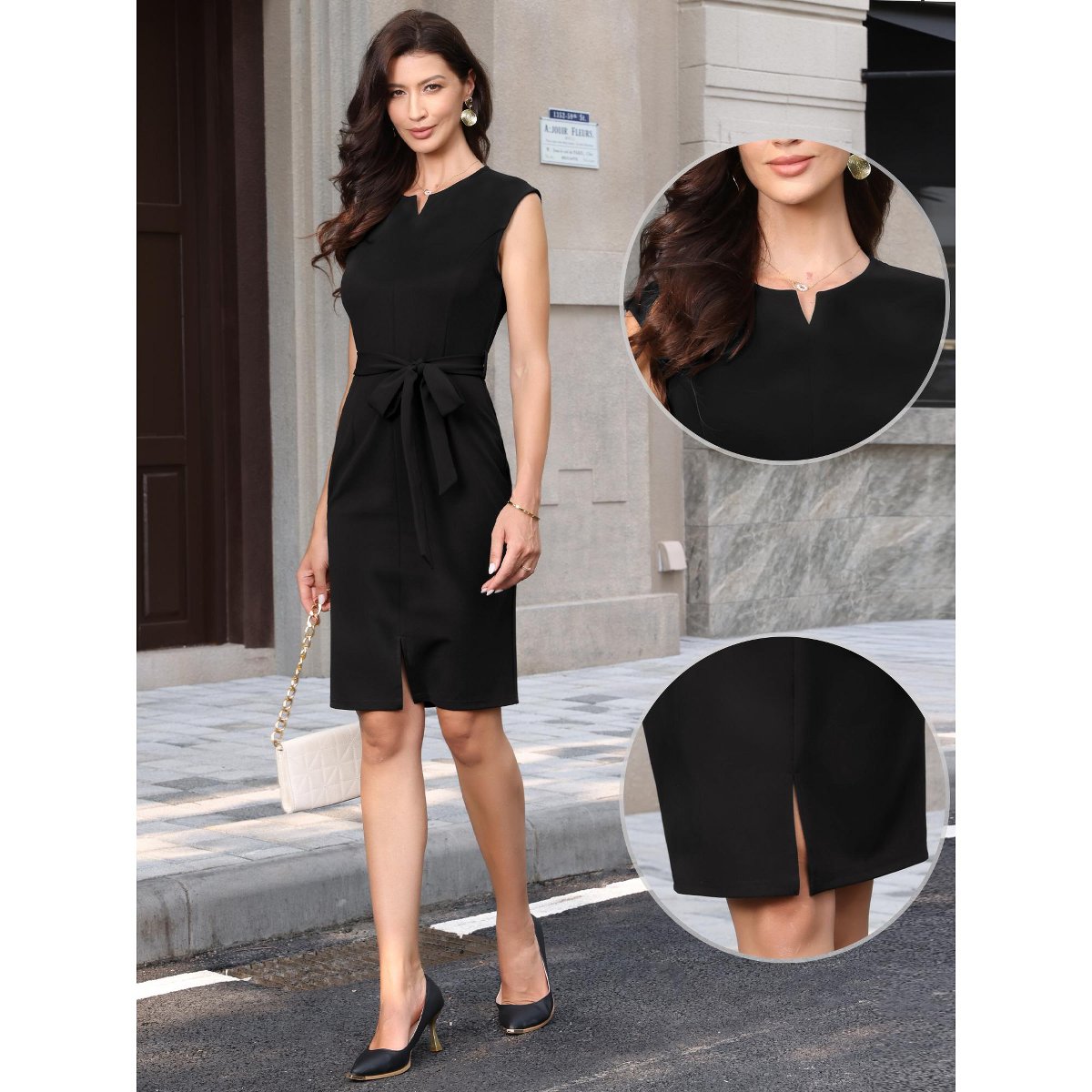 Женские платья INSPIRE CHIC Women's Sleeveless Split Neck Belted Front Slit Belted Office Sheath Midi Dresses Small Black — фото 2