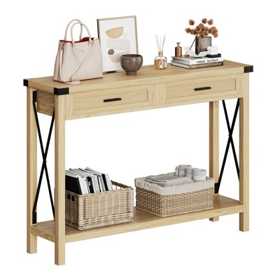 43'' Farmhouse End Table,Console Table Entrance Furniture with 2 Rattan Drawers,Sofa Table with Storage for Entryway, Living Room, Hallway