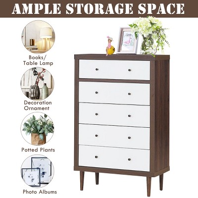 White and Walnut Mid-Century Modern 5-Drawer Dresser