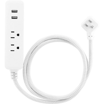 Cordinate 4' 2 Outlet 2 USB 2.4A Extension Cord Braided Gray/White: 4 ft Flat Extension Cord, 16 AWG, ETL Listed