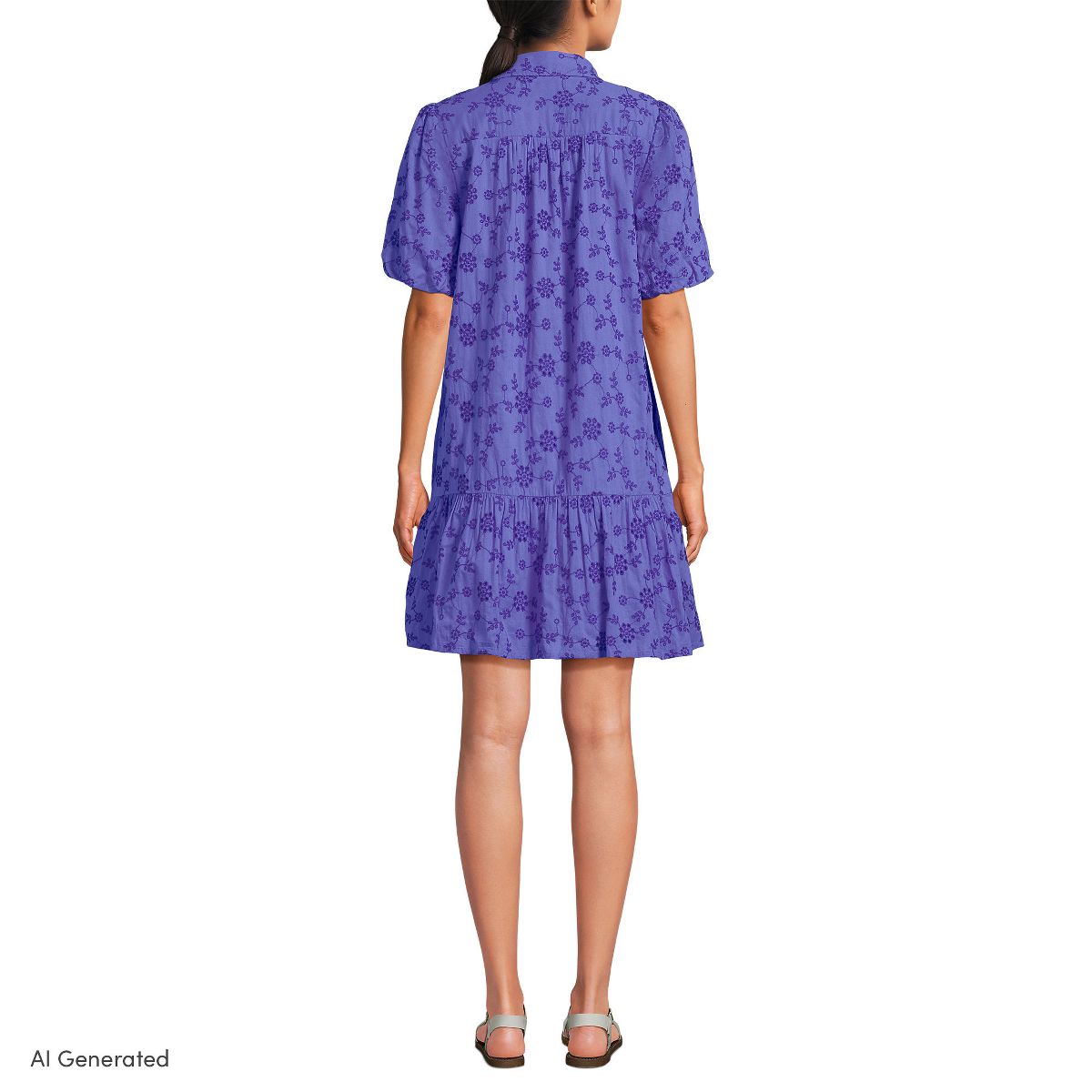 Lands' End Women's Elbow Sleeve Eyelet Knee Length Shirt Dress - thumbnail 2
