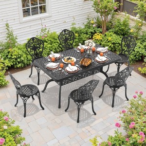 7-Piece Patio Set: Rectangle Table & 6 Chairs - Cast Aluminum, All-Weather/Umbrella Hole & Adjustable Legs for Balcony/Backyard - 1 of 4