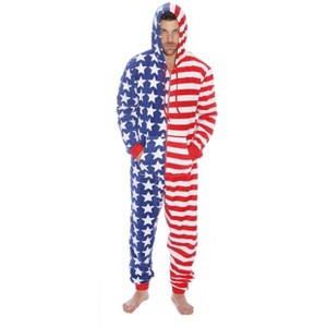 #followme Mens One Piece American Flag Adult Bodysuit Hooded Red, White & Blue Pajamas - 1 of 1