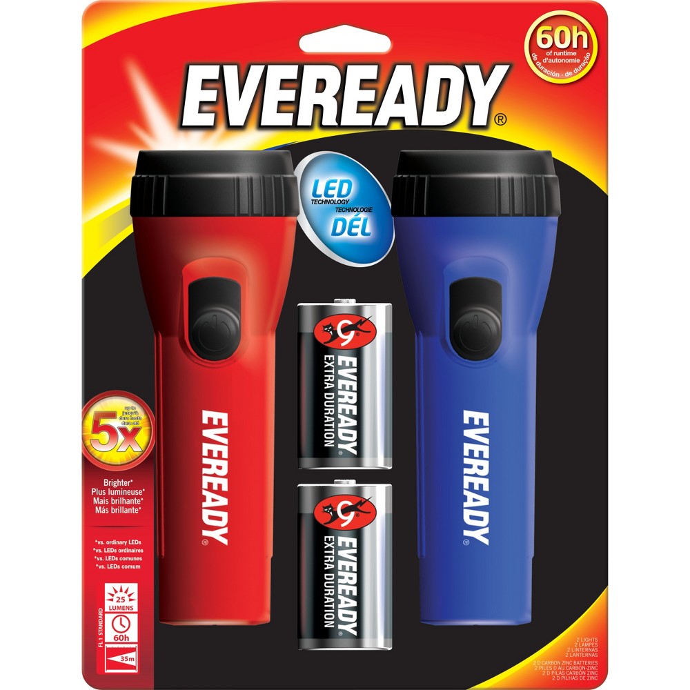 Eveready 2pk LED Flashlight: Portable Light Sets for Kids, Includes Batteries, Red & Blue, Battery Powered