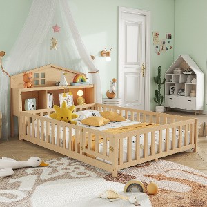 Lyngins Full Size Kids' Platform Bed Frame with Fence & Open/Close Small Door, Montessori Floor Bed Frame with Support Slats, Wooden Toddler Bed - 1 of 4