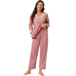 Allegra K Women’s Soft V Neck 3/4 Sleeves Lace Insert Two-Piece Pajama Sets - 1 of 4