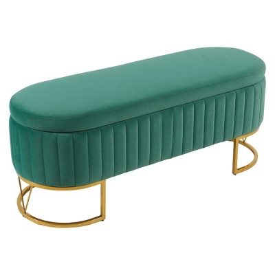 GlasFlength Ottomans and Benches Oval Velvet Storage Bench Upholstered Bedroom Bench Modern Storage for Living Room, Green, 46.97"*16.9"*11.41"