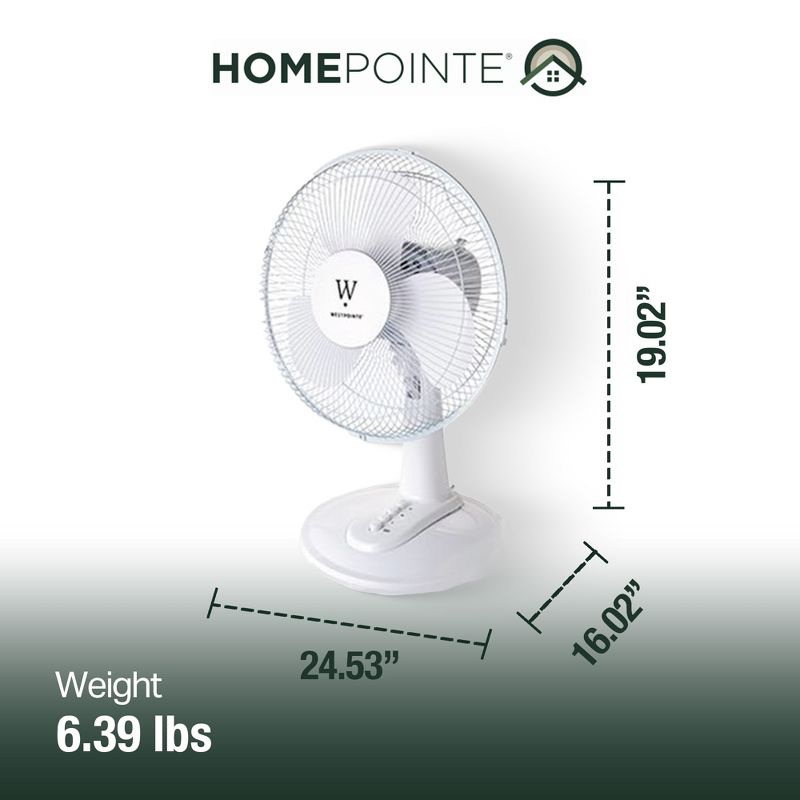 HomePointe Westpointe 12 Inch Corded Electric Oscillating Table Fan with 3 Speed Settings and Adjustable Tilt for Home and Office, White, 3 of 7