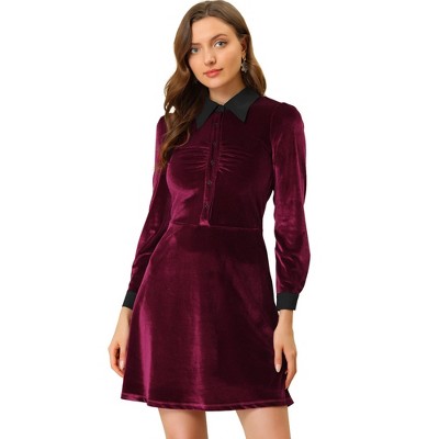 INSPIRE CHIC Women's Contrast Collar A-Line Fit and Flare Vintage Velvet Dress