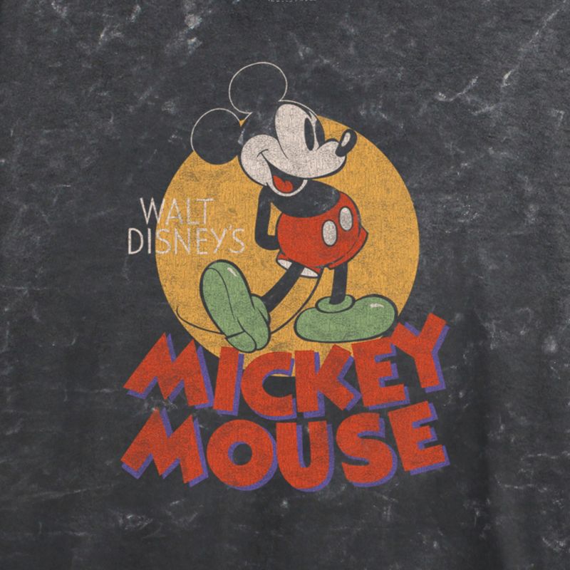 Juniors Womens Mickey & Friends Retro Distressed Spotlight Mineral Wash Crop T-Shirt, 2 of 5