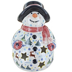 Blue Rose Polish Pottery 643 Vena Snowman Luminary - 1 of 2
