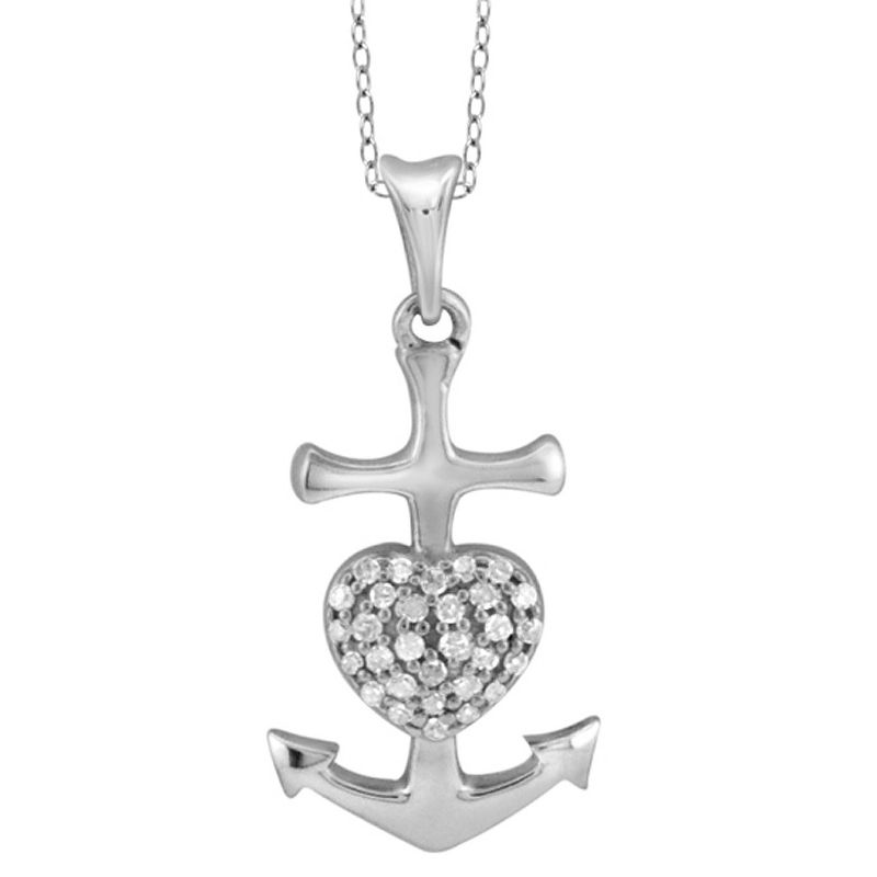1/10 CT. T.W. Round-Cut White Diamond Pave Set Anchor Pendant in Sterling Silver - White (18"), 1 of 3