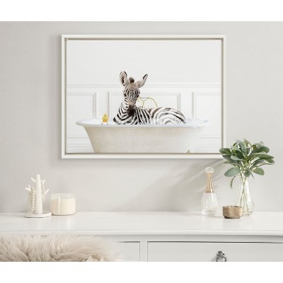White Framed Canvas Print of Zebra in Bubble Bath, 18" x 24"