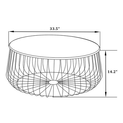 Natural Wood Round Coffee Table with Black Metal Wire Base
