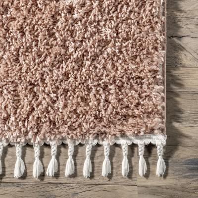 Braided Tassel Pink Shag Round Area Rug, Easy Care Synthetic