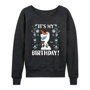 Women's - Disney - Olaf It's My Birthday Lightweight French Terry Wide Neck Long Sleeve Shirt - 1 of 4
