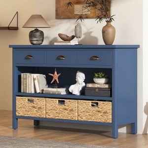 Retro Console Table with 3 Storage Drawers Entryway Table with 3 Water Hyacinth Woven Baskets Wooden Accent Sofa Table Buffet Cabinet - 1 of 4