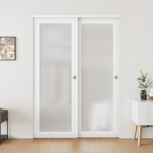 SMARTSTANDARD 78.58 in. Height Tempered 1-Panel Frosted Glass White Wardrobe Sliding Closet Door with Hardware Kit - 1 of 4