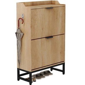 Fluted Shoe Cabinet with 2 Flip Drawers - Slim Modern Shoes Rack with Sturdy Metal Legs, Freestanding Hidden Storage Organizer - 1 of 4