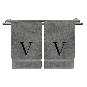 BC BARE COTTON Monogrammed Hand Towel, 100% Turkish Cotton - Set of 2 - Gray - Black Block - 1 of 4