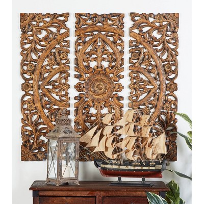 Traditional Wood Floral Handmade Intricately Carved Wall Decor with Mandala Design Set of 3 Brown - Olivia & May