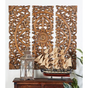 Traditional Wood Floral Handmade Intricately Carved Wall Decor with Mandala Design Set of 3 Brown - Olivia & May - 1 of 4