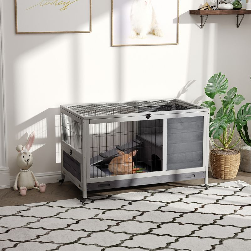 PawHut Wooden Rabbit Hutch Indoor Elevated Cage Habitat with No Leak Tray Enclosed Run with Wheels, Ideal for Rabbits and Guinea Pigs, 3 of 7