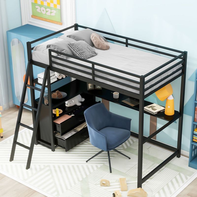 Twin Size Metal Loft Bed with Desk, Shelves and Two Built-in Drawers - ModernLuxe, 3 of 12