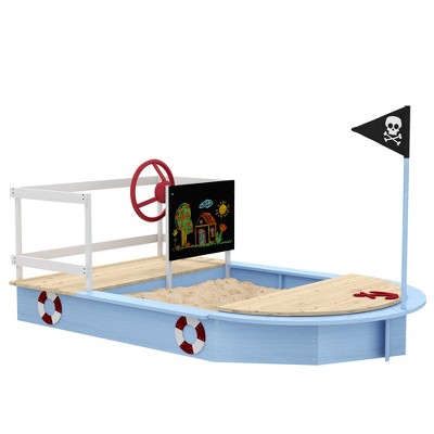 Outsunny Wooden Sandbox with Pirate Ship Design for 3-7 Years, Blue - Blue