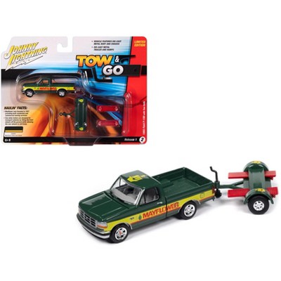 1993 Ford F-150 Truck Green and Yellow "Mayflower" with Tow Dolly "Tow & Go" Series 1/64 Die Cast Model Car by Johnny Lightning