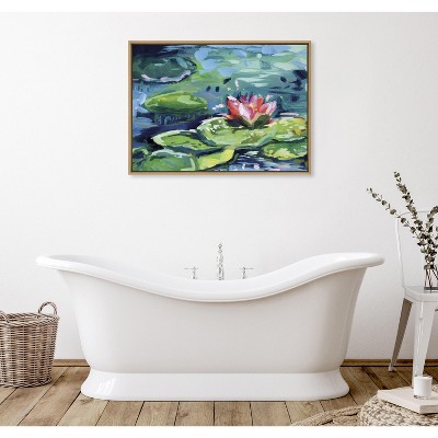 Vibrant Lily Pad Waterscape Canvas Art with Natural Frame, 28x38