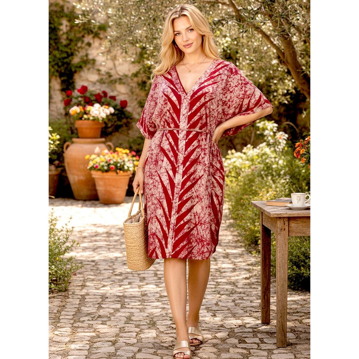 LA LEELA Summer Cotton Women Tunic Dress Resortwear Vacation Holiday Cruise Pregnancy Wear Relaxed Fit Travel Outfit 2X-3X Red Leaf - thumbnail 4
